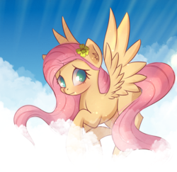 Size: 1805x1753 | Tagged: safe, artist:autumnvoyage, fluttershy, pegasus, pony, g4, cloud, female, flower, flower in hair, flying, solo, spread wings, wings