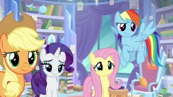 Size: 1920x1080 | Tagged: safe, screencap, applejack, fluttershy, rainbow dash, rarity, pony, g4, the ending of the end