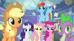 Size: 1920x1080 | Tagged: safe, screencap, applejack, fluttershy, pinkie pie, rainbow dash, rarity, spike, dragon, pony, g4, the ending of the end, cute, jackabetes, shyabetes, smiling, winged spike, wings