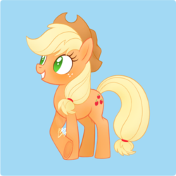 Size: 500x500 | Tagged: safe, artist:mn27, applejack, earth pony, pony, blue background, cowboy hat, cute, female, hat, jackabetes, mare, no pupils, simple background, smiling, solo, underhoof