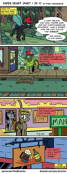 Size: 975x2507 | Tagged: safe, artist:pony-berserker, oc, oc:berzie, oc:midnight blaze, oc:slipstream, changeling, pegasus, pony, comic:paper heart, cider, comic, disguise, disguised changeling, hayseed swamp, manehattan, railway track, speech bubble, thought bubble, to be continued, train, train station