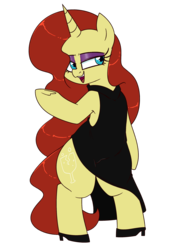 Size: 1800x2500 | Tagged: safe, artist:notenoughapples, oc, oc only, oc:vibrata songbird, pony, unicorn, bipedal, black dress, clothes, dress, eyeshadow, female, high heels, makeup, mare, partial hem, patreon, patreon reward, shoes, side slit, simple background, solo, total sideslit, transparent background