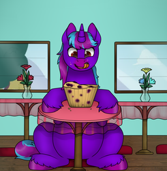 Size: 880x897 | Tagged: safe, artist:69beas, oc, oc only, oc:neon eclipse, pony, unicorn, belly, blueberry muffin (food), colored hooves, commission, digital art, eating, flower, food, giant food, hoof fluff, licking, licking lips, male, muffin, sitting, smiling, solo, stallion, table, tail, tongue out