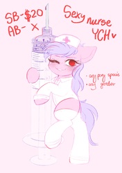 Size: 1876x2667 | Tagged: safe, artist:adostume, pony, advertisement, auction, clothes, commission, costume, giant syringe, halloween, halloween costume, holiday, nurse, nurse outfit, syringe, your character here