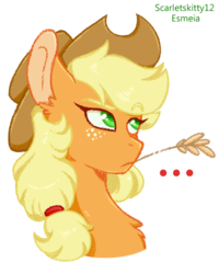 Size: 564x705 | Tagged: safe, artist:esmeia, artist:scarletskitty12, applejack, earth pony, pony, g4, ..., applejack is not amused, bust, chest fluff, collaboration, ear fluff, female, freckles, mare, portrait, simple background, solo, straw in mouth, transparent background, unamused