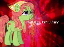 Size: 532x396 | Tagged: safe, tree hugger, earth pony, pony, g4, female, mare, solo, text, vibes