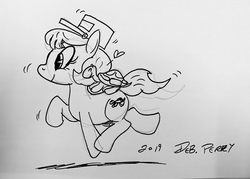 Size: 3139x2242 | Tagged: safe, artist:debmervin, oc, oc only, oc:turtle chaser, earth pony, pony, turtle, female, high res, mare, monochrome, sketch, solo, traditional art