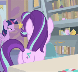 Size: 366x338 | Tagged: safe, edit, edited screencap, screencap, spike, starlight glimmer, twilight sparkle, alicorn, dragon, pony, unicorn, a horse shoe-in, g4, animated, butt, cropped, female, gif, glimmer glutes, male, mare, micro, plot, rear view, ship:sparlight, shipping, shrunken, size difference, straight, tiny, twilight sparkle (alicorn)