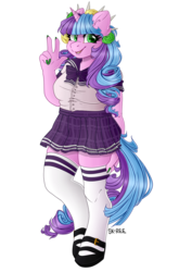 Size: 1024x1449 | Tagged: safe, artist:sk-ree, oc, oc only, oc:ivy lush, unicorn, anthro, unguligrade anthro, anthro oc, clothes, female, flower, flower in hair, kneesocks, mare, mary janes, miniskirt, plaid skirt, pleated skirt, school uniform, shoes, simple background, skirt, socks, solo, thigh highs, transparent background, zettai ryouiki
