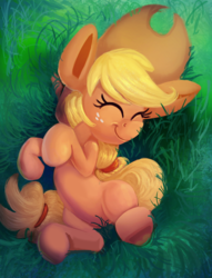 Size: 1531x2000 | Tagged: safe, artist:discorded, applejack, earth pony, pony, g4, applejack day, cowboy hat, cute, daaaaaaaaaaaw, eyes closed, female, freckles, grass, hat, jackabetes, mare, on back, silly, silly pony, smiling, solo, stetson, underhoof, who's a silly pony