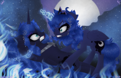 Size: 5000x3200 | Tagged: safe, artist:darkest-lunar-flower, nightmare moon, princess luna, alicorn, pony, g4, blood, blue fire, chains, crying, duality, fighting stance, fire, happy birthday mlp:fim, horn, injured, jewelry, magical bondage, mlp fim's ninth anniversary, night, nosebleed, pinned down, regalia, shackles, wings