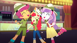 Size: 1920x1080 | Tagged: safe, screencap, apple bloom, scootaloo, sweetie belle, equestria girls, g4, my little pony equestria girls: summertime shorts, the canterlot movie club, adorabloom, boots, cinema, clothes, cute, cutealoo, cutie mark crusaders, daring do costume, diasweetes, dress, female, food, hat, high five, jeans, pants, pith helmet, popcorn, shoes, shorts, skirt, ticket, trio, trio female