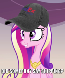 Size: 500x600 | Tagged: safe, edit, edited screencap, screencap, princess cadance, alicorn, pony, g4, games ponies play, baseball cap, cap, caption, cropped, fedex, female, hat, image macro, literal shipping, mare, princess of love, princess of shipping, reaction image, shipper on deck, shipping, solo, text, visual gag