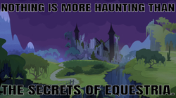 Size: 641x358 | Tagged: safe, edit, edited screencap, editor:undeadponysoldier, screencap, g4, abandoned, castle of the royal pony sisters, equestria, haunted, haunting, mountain, night, no pony, parody, ruins, secrets of wysteria, song reference, steampianist, tree