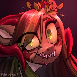 Size: 2000x2000 | Tagged: safe, artist:helemaranth, oc, oc only, oc:helemaranth, pegasus, pony, rcf community, blood, bust, eye clipping through hair, fangs, female, grin, high res, mare, sharp teeth, smiling, solo, teeth