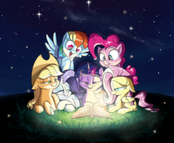 Size: 2200x1800 | Tagged: safe, artist:rocket-lawnchair, applejack, fluttershy, pinkie pie, rainbow dash, rarity, twilight sparkle, earth pony, pegasus, pony, unicorn, g4, book, cute, female, floppy ears, happy birthday mlp:fim, lantern, lidded eyes, mane six, mlp fim's ninth anniversary, night, open mouth, reading, starry night, stars