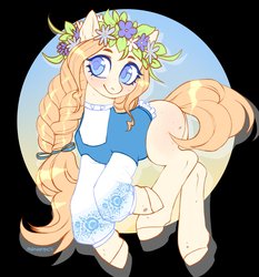 Size: 3819x4096 | Tagged: safe, artist:helemaranth, oc, oc only, pony, rcf community, abstract background, bow, braid, clothes, colored hooves, commission, floral head wreath, flower, hair bow, jewelry, necklace, smiling, solo