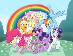 Size: 1200x923 | Tagged: safe, artist:mattings, applejack, fluttershy, pinkie pie, rainbow dash, rarity, spike, twilight sparkle, alicorn, dragon, earth pony, pegasus, pony, unicorn, g4, end of ponies, eye clipping through hair, female, male, mane seven, mane six, mare, open mouth, rainbow, saddle bag, smiling, twilight sparkle (alicorn), winged spike, wings