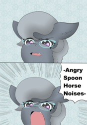 Size: 540x773 | Tagged: safe, artist:pegamutt, silver spoon, earth pony, pony, g4, angry, angry dog noises, descriptive noise, female, glasses, horse noises, meme, solo