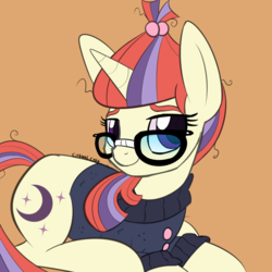 Size: 1024x1024 | Tagged: safe, artist:casualcolt, moondancer, pony, unicorn, g4, brown background, clothes, female, glasses, lidded eyes, looking at you, mare, simple background, sitting, smiling, solo, sweater