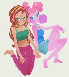Size: 1062x1186 | Tagged: safe, artist:5mmumm5, pinkie pie, sunset shimmer, equestria girls, g4, bubblegum, female, food, gum, holding hands, lesbian, looking at you, ship:sunsetpie, shipping, sitting