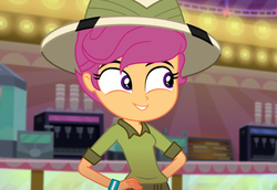 Size: 1573x1080 | Tagged: safe, screencap, scootaloo, equestria girls, g4, my little pony equestria girls: summertime shorts, the canterlot movie club, cinema, cropped, cute, cutealoo, daring do costume, female, hand on hip, hat, pith helmet, smiling, solo