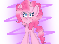 Size: 1024x768 | Tagged: safe, artist:badimo, pinkie pie, earth pony, pony, g4, abstract background, blushing, female, looking at you, mare, signature, smiling, solo, standing