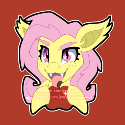 Size: 4000x4000 | Tagged: safe, artist:partypievt, fluttershy, bat pony, pegasus, pony, g4, apple, bat ponified, blushing, fangs, female, flutterbat, food, looking at you, obtrusive watermark, patreon, patreon reward, race swap, solo, sticker, tongue out, watermark, wingding eyes