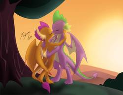 Size: 1017x786 | Tagged: safe, artist:shinta-girl, smolder, spike, dragon, g4, commission, couple, dragoness, eyes closed, female, hand on head, holding head, kiss on the lips, kissing, male, ship:spolder, shipping, straight, tree