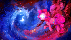 Size: 3200x1800 | Tagged: safe, artist:thefloatingtree, pinkie pie, earth pony, pony, g4, commission, cutie mark, digital art, female, glowing eyes, looking at you, looking back, looking back at you, mare, open mouth, smiling, solo, space, stars