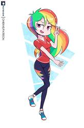 Size: 1187x1808 | Tagged: safe, artist:ohiekhe, rainbow dash, human, equestria girls, g4, my little pony equestria girls: better together, abstract background, clothes, converse, cute, dashabetes, female, human coloration, humanized, open mouth, pants, shoes, sneakers, solo