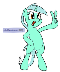 Size: 753x911 | Tagged: safe, artist:bennimarru, derpibooru exclusive, lyra heartstrings, pony, derpibooru, g4, bipedal, colored, female, fingers, flat colors, hoof fingers, meta, open mouth, peace sign, simple background, smiling, solo, suddenly hands, tags, that pony sure does love humans, white background