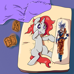 Size: 3000x3000 | Tagged: safe, artist:mitchthemage, oc, oc:swirly spark, pony, unicorn, bed, bedsheets, body pillow, dragon ball, dragon ball super, featureless crotch, high res