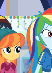 Size: 472x662 | Tagged: safe, screencap, chestnut magnifico, daring do, desert sage, orange sunrise, rainbow dash, waldo whereabout, dashing through the mall, equestria girls, equestria girls series, g4, holidays unwrapped, spoiler:eqg series (season 2), animated, cardboard cutout, cropped, geode of super speed, gif, magical geodes