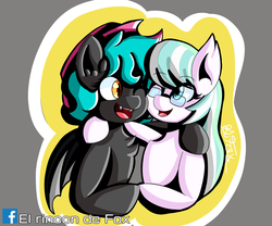 Size: 960x800 | Tagged: safe, artist:thedamneddarklyfox, oc, oc only, oc:rose moon, oc:vixen feather, bat pony, earth pony, pony, bat pony oc, bat wings, bff, cute, duo, fangs, female, friends, glasses, happy, hat, looking at each other, mare, shipping, side hug, smiling, wings