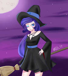 Size: 3492x3900 | Tagged: safe, artist:melliedraws, rarity, human, g4, beauty mark, broom, cute, female, halloween, hand on hip, high res, holiday, humanized, moon, night, one eye closed, raribetes, solo, wink, witch