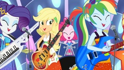 Size: 1920x1080 | Tagged: safe, screencap, applejack, pinkie pie, rainbow dash, rarity, sunset shimmer, equestria girls, equestria girls series, g4, spring breakdown, spoiler:eqg series (season 2), all good (song), bass guitar, cute, cymbals, drum kit, drum set, drums, electric guitar, eyes closed, eyeshadow, female, guitar, happy, hi-hat, keytar, makeup, microphone, microphone stand, musical instrument, offscreen character, open mouth, singing, smiling