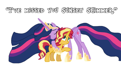 Size: 1024x576 | Tagged: safe, artist:jamesawilliams1996, edit, edited screencap, screencap, sunset shimmer, twilight sparkle, alicorn, pony, equestria girls, equestria girls series, forgotten friendship, g4, the last problem, argument in the comments, crown, cute, happy birthday mlp:fim, hug, jewelry, mlp fim's ninth anniversary, older, older sunset, older twilight, older twilight sparkle (alicorn), princess twilight 2.0, quote, regalia, twilight sparkle (alicorn)