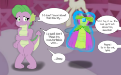 Size: 1280x800 | Tagged: safe, artist:edmopysun, rarity, spike, g4, barb, carousel boutique, clothes, dress, forced feminization, implied transgender transformation, offscreen character, rule 63, uncertain