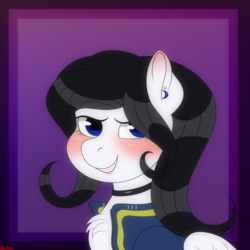 Size: 3000x3000 | Tagged: safe, artist:rarityismywaifu, oc, oc only, oc:lamika, pegasus, pony, fallout equestria, blushing, chest fluff, choker, clothes, ear piercing, earring, fallout, fallout 4, female, freckles, high res, jewelry, jumpsuit, lipstick, makeup, mare, pegasus oc, piercing, vault 111, vault suit