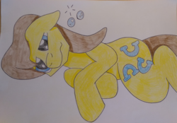 Size: 1152x800 | Tagged: safe, artist:augjodo, caramel, earth pony, pony, g4, hangover, male, on side, solo, stallion, traditional art