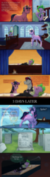 Size: 1250x4420 | Tagged: safe, artist:strawberry-heartrose, spike, twilight sparkle, oc, pony, unicorn, g4, casket, clothes, comic, gravestone, on back, playing dead, suit, this will end in death