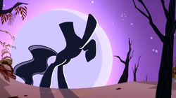 Size: 2184x1226 | Tagged: safe, screencap, the headless horse, headless horse, pony, g4, season 3, sleepless in ponyville, ambiguous gender, cropped, headless, moon, rearing, silhouette, solo, tree