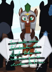 Size: 1920x2688 | Tagged: safe, alternate version, artist:swegmeiser, oc, oc:preciosa, earth pony, pony, angry, armor, bible verse, blade, boat, cloud, looking at you, low angle, magic, male, multiple variants, religion, royal guard, spanish, spear, stallion, telekinesis, text, weapon