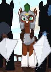 Size: 1920x2688 | Tagged: safe, alternate version, artist:swegmeiser, oc, oc:preciosa, earth pony, pony, angry, armor, blade, boat, cloud, coat markings, looking at you, low angle, magic, male, multiple variants, pinto, royal guard, spear, stallion, telekinesis, weapon