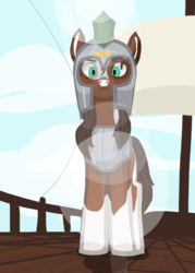 Size: 1920x2688 | Tagged: safe, alternate version, artist:swegmeiser, oc, oc:preciosa, earth pony, pony, angry, armor, boat, cloud, coat markings, lens flare, looking at you, low angle, multiple variants, pinto, royal guard