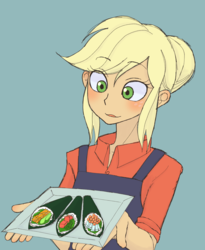 Size: 2448x2990 | Tagged: safe, artist:haibaratomoe, applejack, equestria girls, g4, alternate hairstyle, apron, clothes, cute, female, food, hatless, high res, jackabetes, missing accessory, solo, sushi, sushi cone