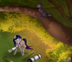 Size: 2800x2400 | Tagged: safe, artist:rinikka, oc, oc only, oc:star painter, cat, aeroverse, canvas, commission, high res, leaves, solo, telescope, tree, tree branch, worried