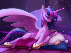 Size: 1800x1350 | Tagged: safe, alternate version, artist:dawnfire, twilight sparkle, alicorn, pony, g4, the last problem, book, crepuscular rays, crown, cute, cutie mark, dust motes, ethereal mane, female, glowing horn, hoof shoes, horn, jewelry, lidded eyes, magic, mare, older, older twilight, pillow, princess twilight 2.0, prone, regalia, smiling, solo, sparkles, spread wings, starry mane, tiara, twiabetes, twilight sparkle (alicorn), wings