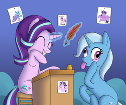 Size: 1200x1000 | Tagged: safe, artist:ami-chat, starlight glimmer, trixie, twilight sparkle, alicorn, pony, unicorn, g4, cute, drawing, duo, duo female, eyelid pull, female, giggling, magic, mare, quill, silly, silly face, silly pony, smiling, tongue out, twilight sparkle (alicorn)
